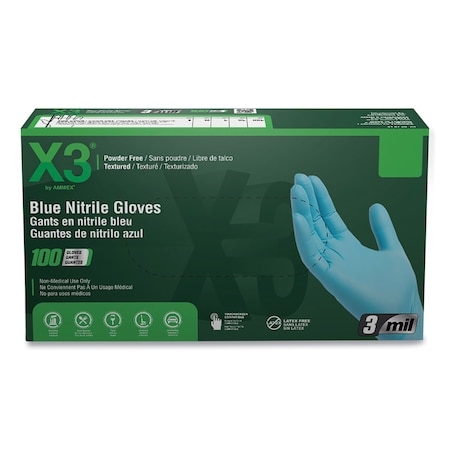 Ammex X3, Disposable Gloves, 3 mil Palm, Nitrile, Powder-Free, M, 1000 PK, Blue X344100